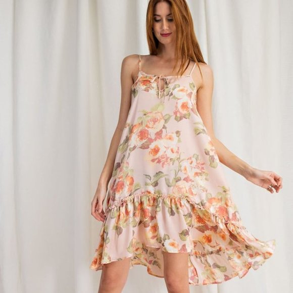 Easel Peach Satin Floral Print Hi Low Cami Dress - Picture 2 of 5